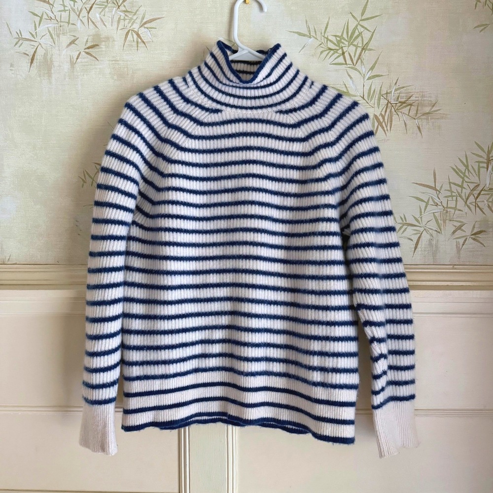 J.Crew Cashmere Striped Sweater White Blue Mock Neck Ribbed Knit Small